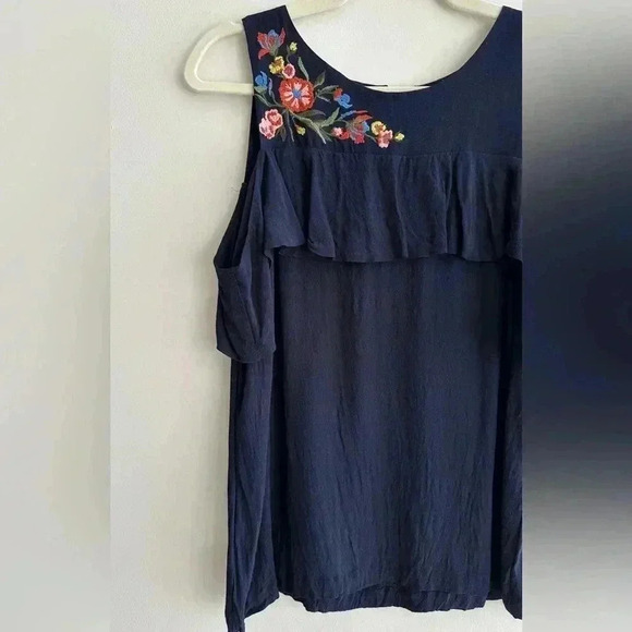 LOFT Cold Shoulder Ruffle Blouse, Floral Embroidered Top, Size Medium - Picture 3 of 16